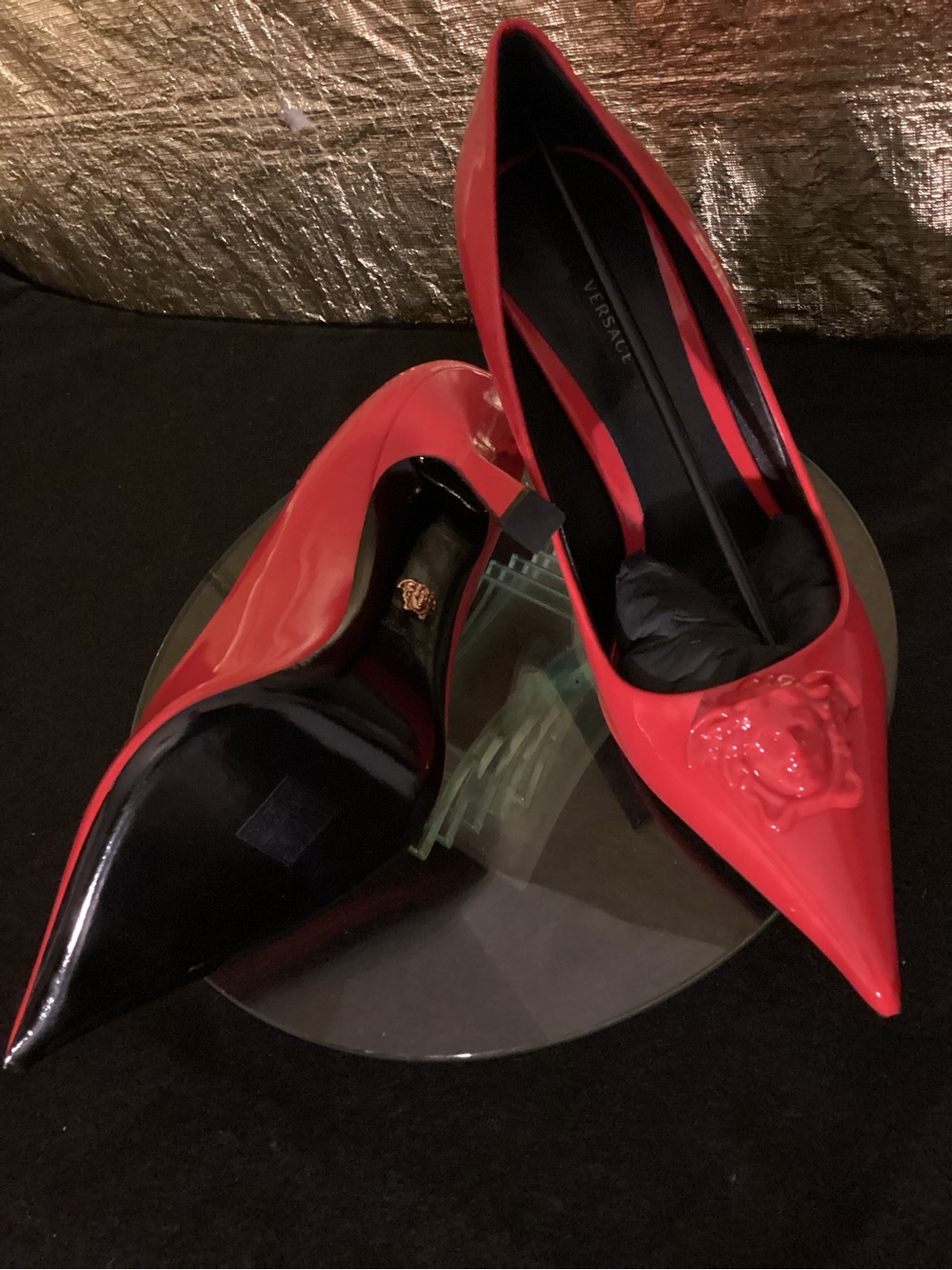 Versace Red Patent Leather Pointed-Toe Pumps with Medusa Accent - Picture 5 of 10